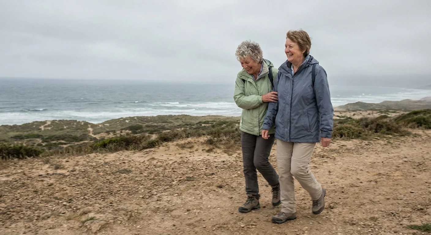 Two senior women enjoy a morning walk and conversation along a beautiful coastal trail.