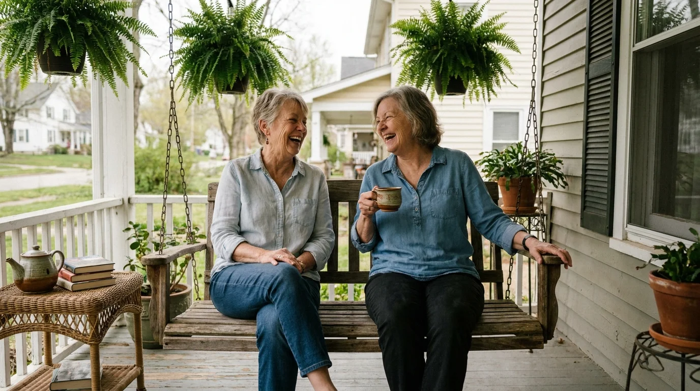 Two senior women laughing together while sitting on a porch swing surrounded by green plants.