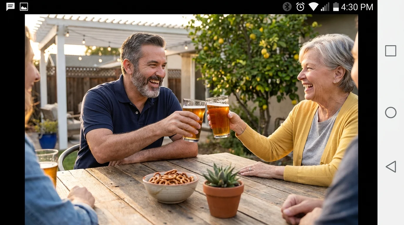 Two seniors laugh and clink beer glasses on a sunny backyard patio, representing new, relaxed social connections in retirement.