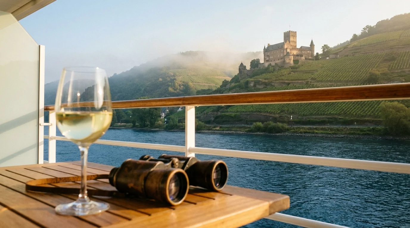 View from a riverboat balcony overlooking a German castle and vineyards at sunrise.