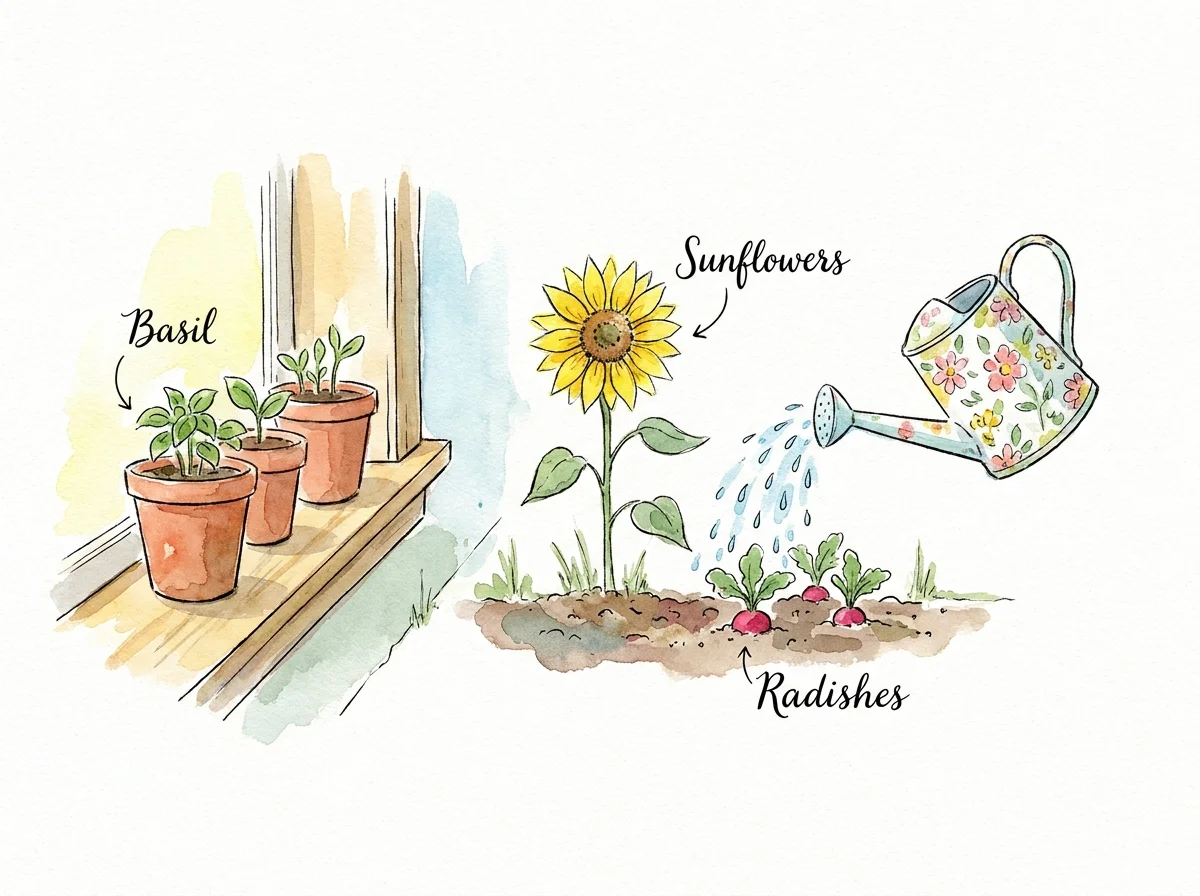 Watercolor illustration of a garden with labeled pots of basil, sunflowers, and radishes, alongside a decorative watering can.