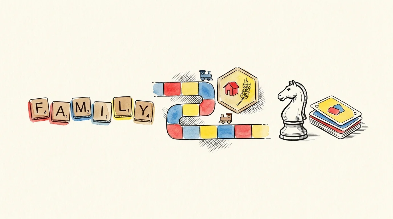 Watercolor illustration of board game pieces including Scrabble tiles spelling FAMILY, chess pieces, and colorful game cards.