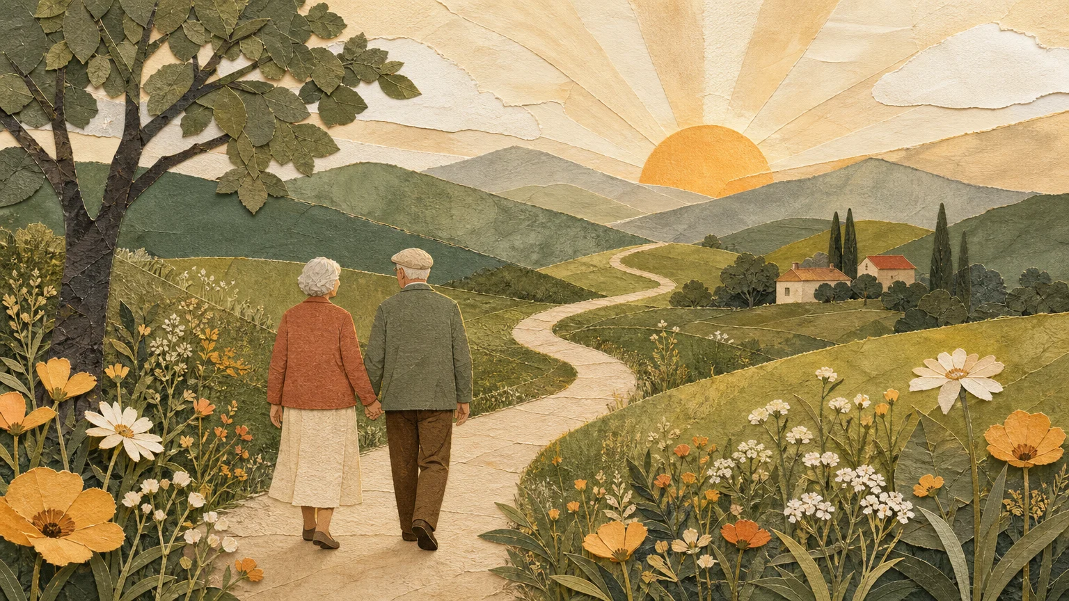 A beautiful cut-paper collage illustration of an older couple walking along a path toward a warm sunlit horizon.