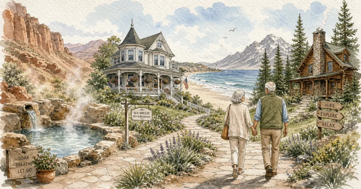 A beautiful watercolor illustration of different retirement getaways connected by a winding path.