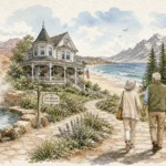 A beautiful watercolor illustration of different retirement getaways connected by a winding path.