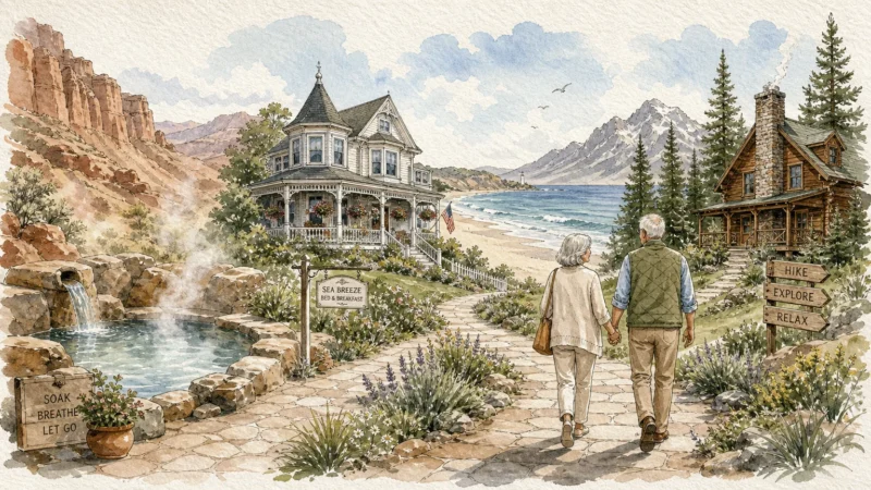 A beautiful watercolor illustration of different retirement getaways connected by a winding path.