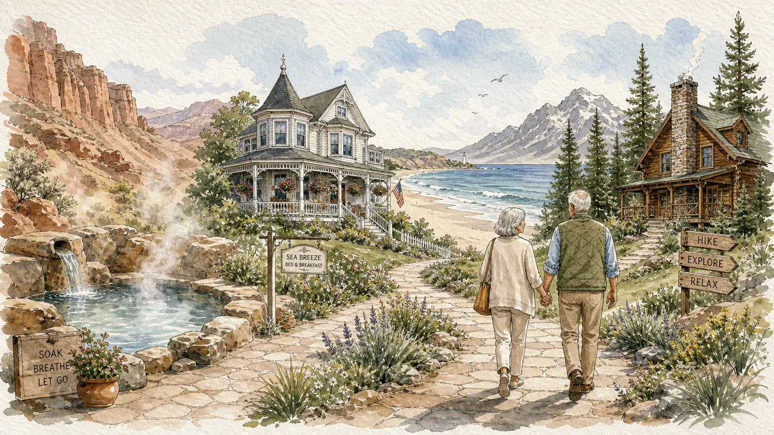 A beautiful watercolor illustration of different retirement getaways connected by a winding path.