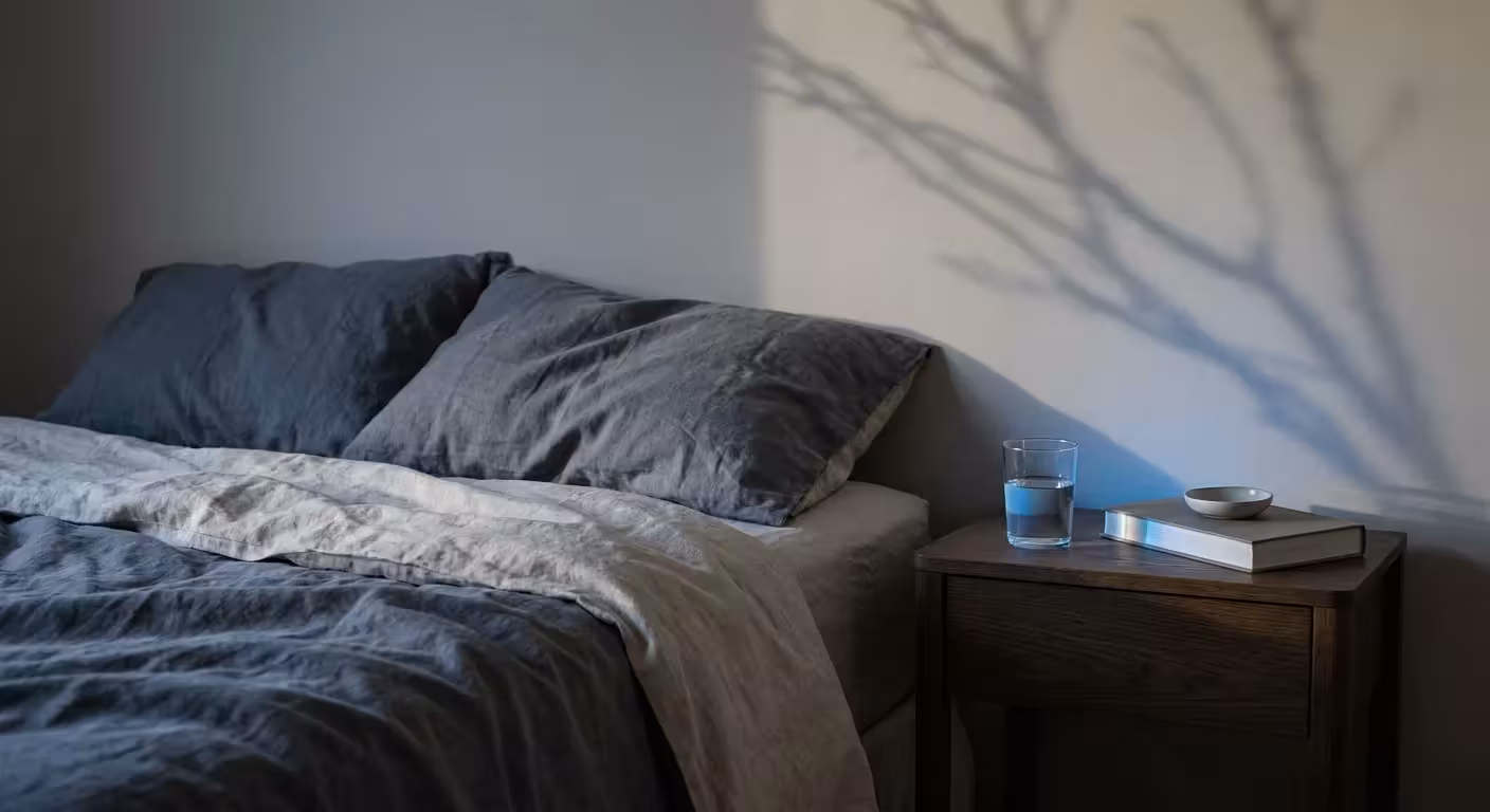 A calm, screen-free bedroom at dusk with soft linen bedding and a glass of water on the nightstand.