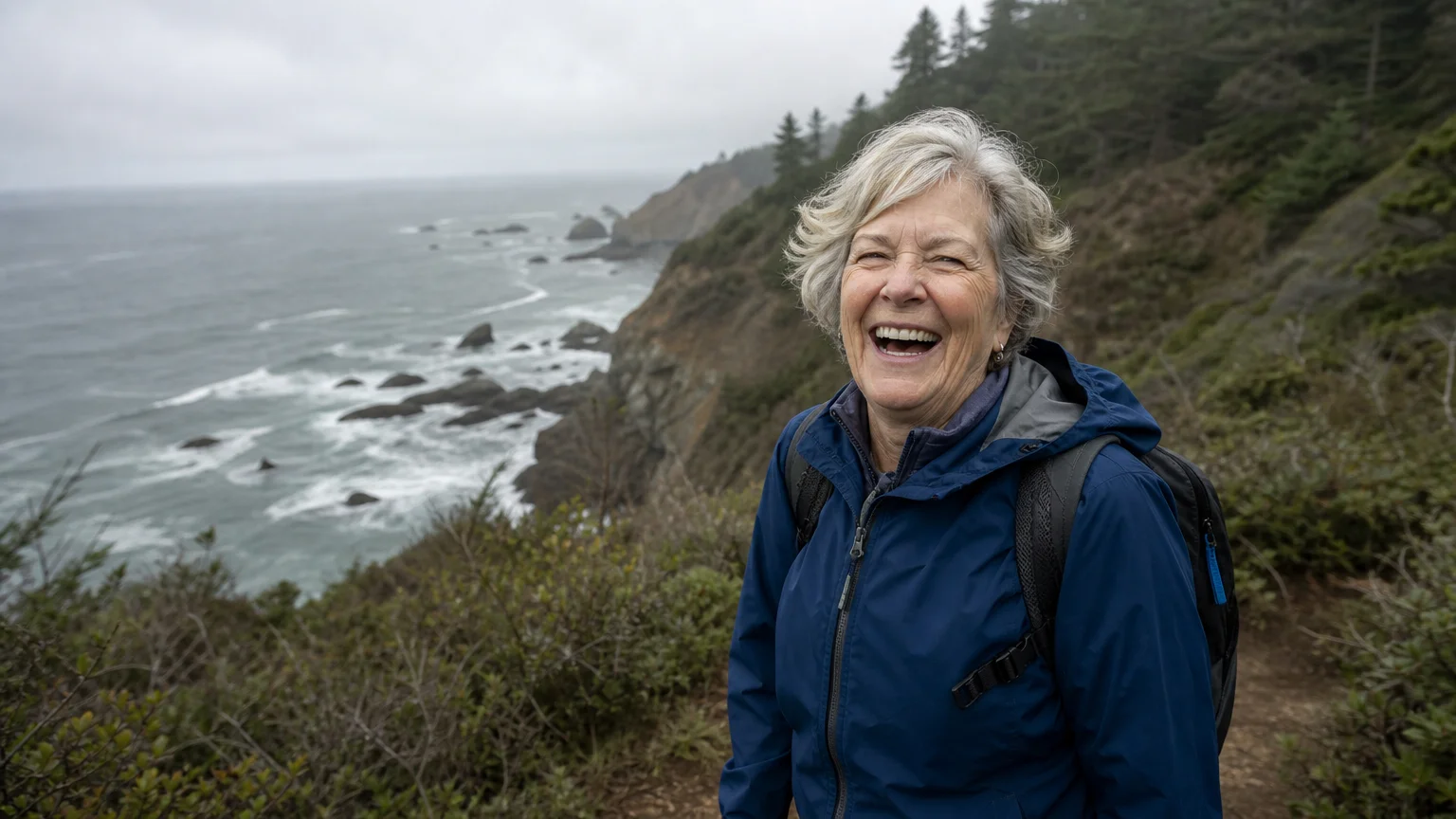 A candid snapshot of an active senior woman laughing during a coastal hike on an overcast day.
