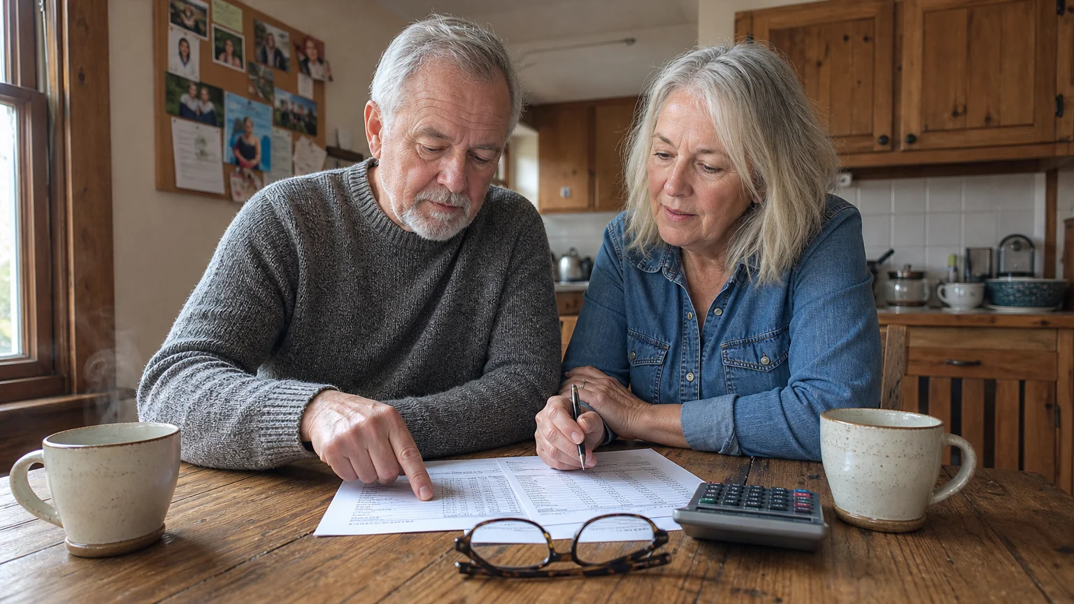 A casual photo of an older couple sitting at their kitchen table with coffee mugs, reviewing paperwork together.