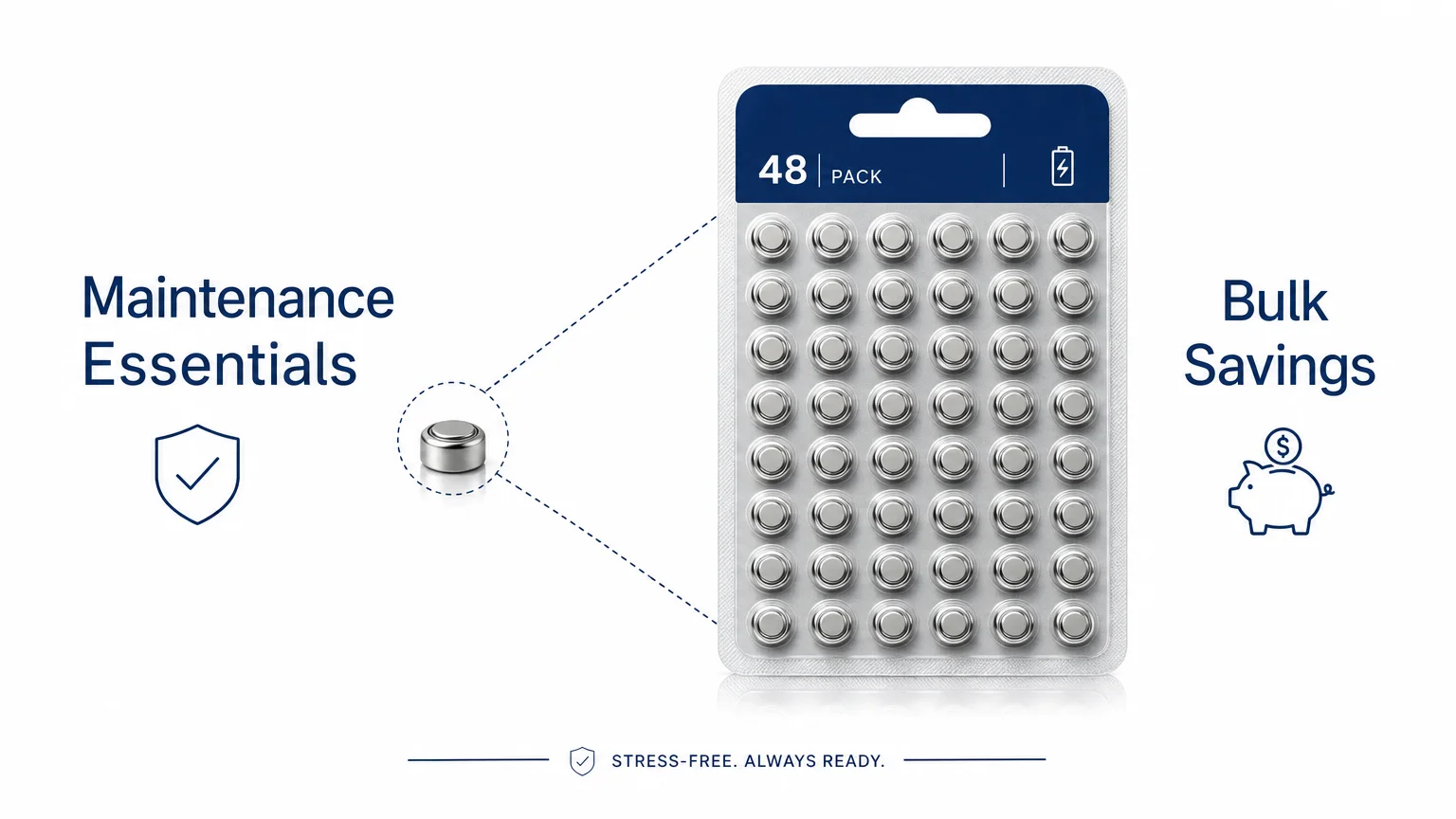A clean diagram showing a hearing aid battery and a large bulk pack, emphasizing maintenance and savings.