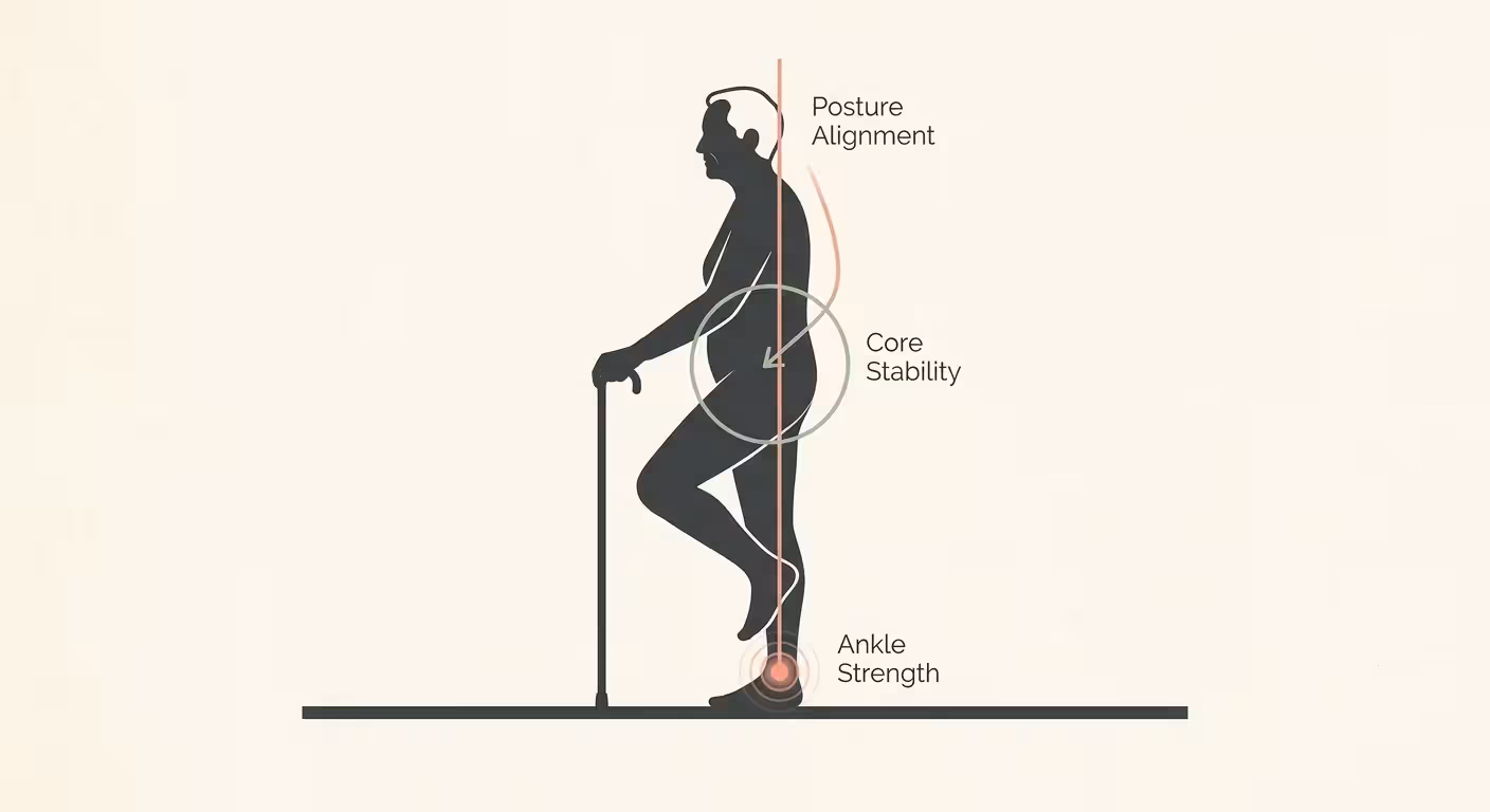 A clean, elegant posture diagram showing the mechanics of a single-leg balance pose.