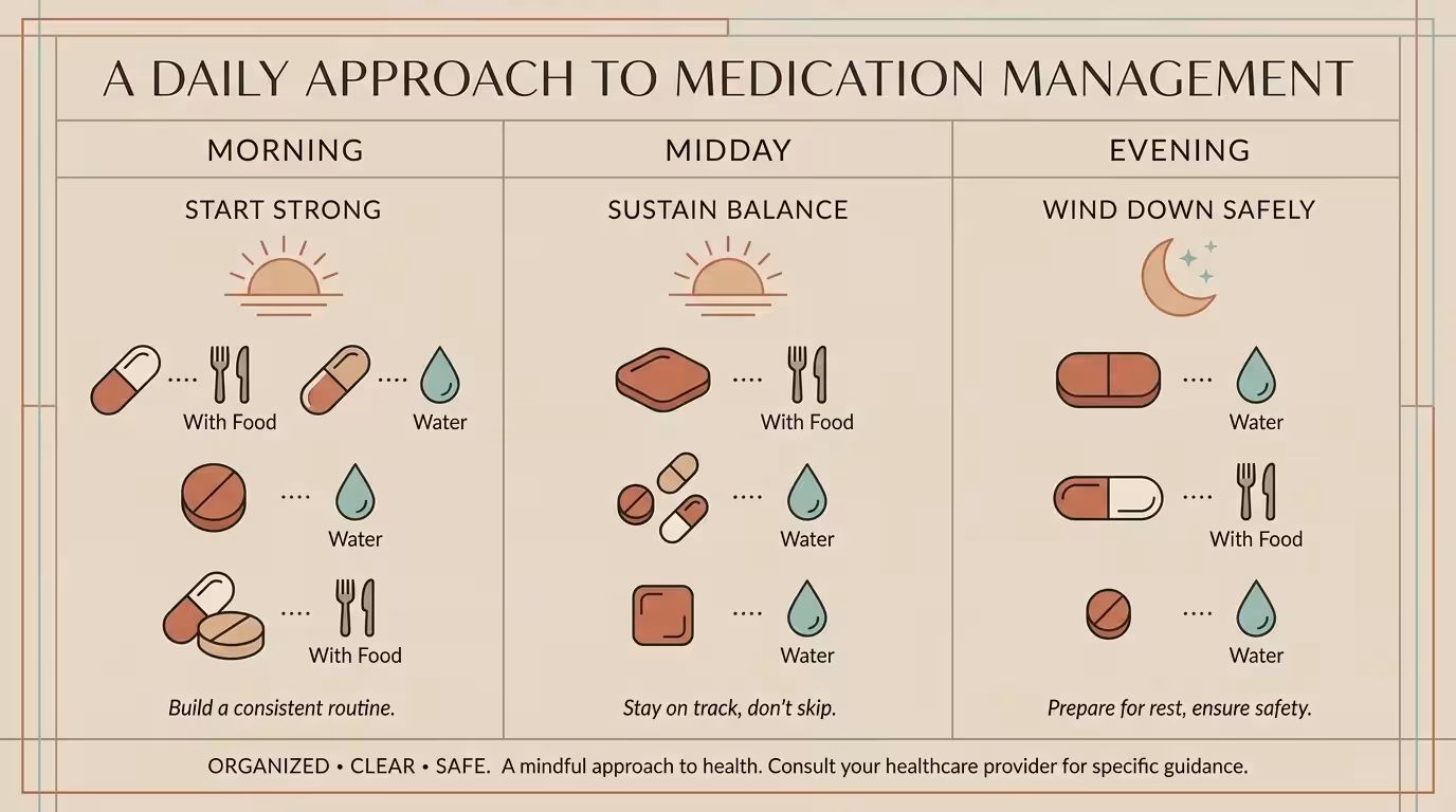 A clean, horizontal infographic showing an organized daily schedule for tracking medications.