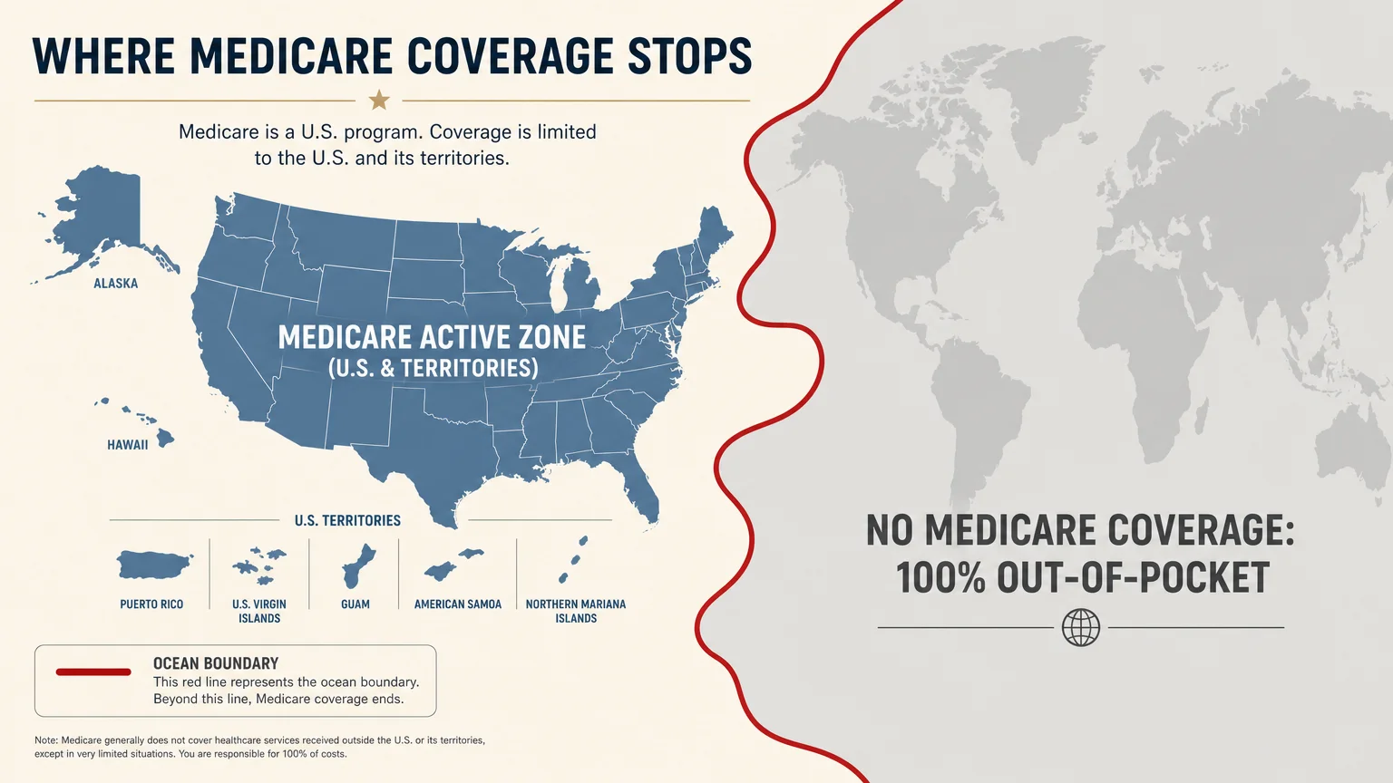 A clean map diagram showing that Medicare coverage is limited to the U.S. and its territories, leaving foreign travel uncovered.
