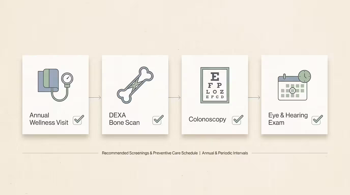 A clean, minimalist infographic checklist showing scheduled preventive health screenings for seniors.