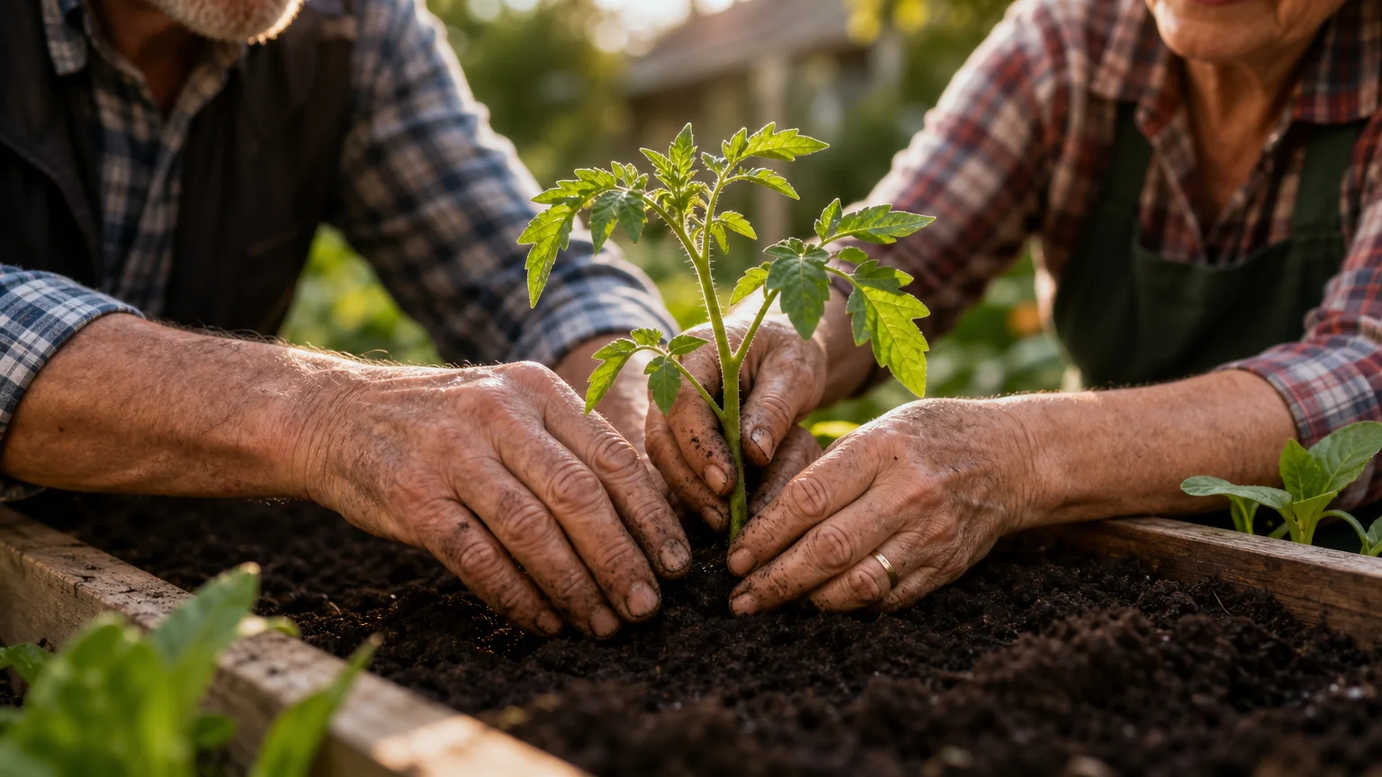 A close-up of a senior couple's hands gently planting a seedling in rich soil during golden hour.