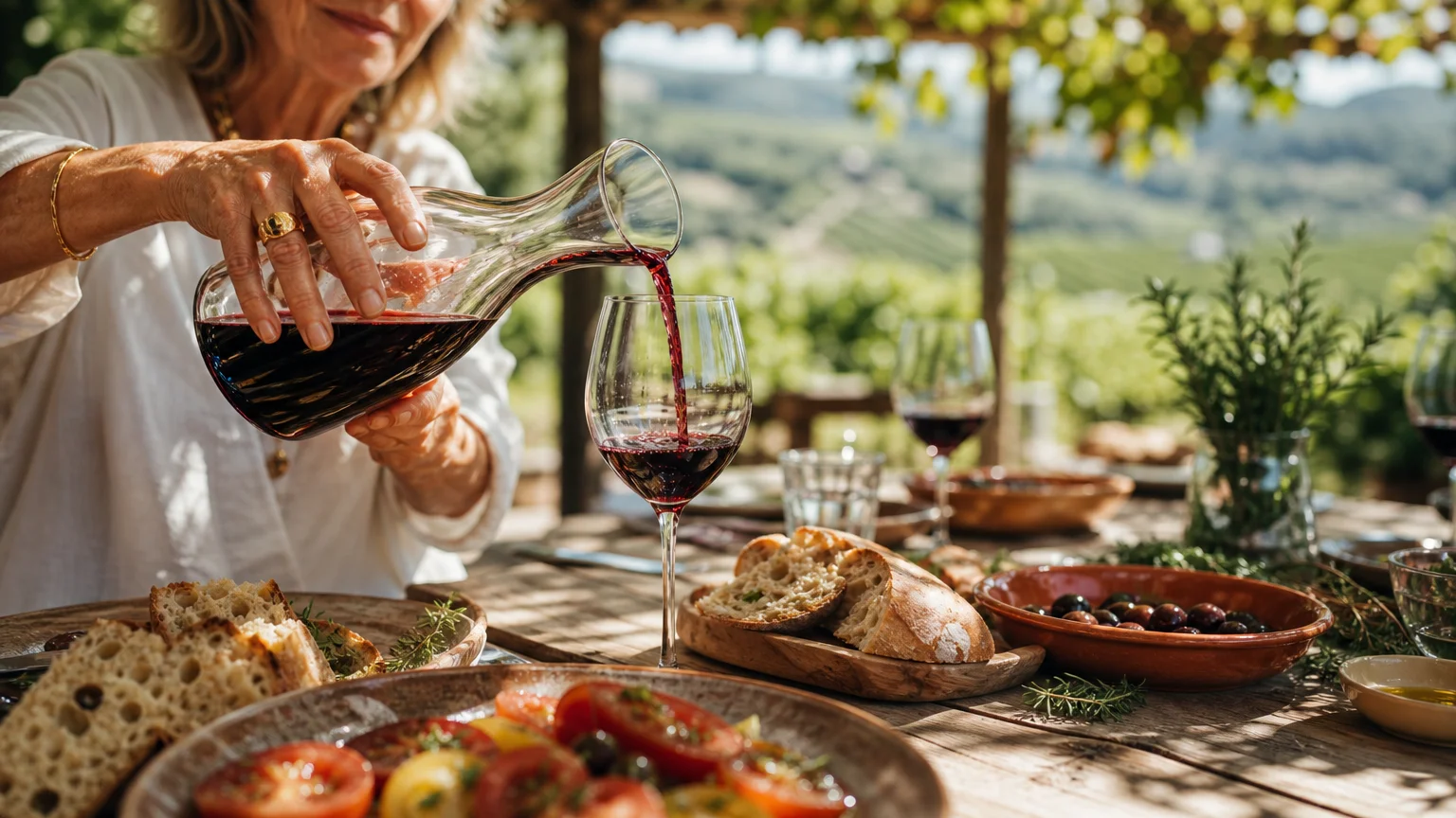 A close-up of hands pouring red wine at an outdoor vineyard table with fresh food.