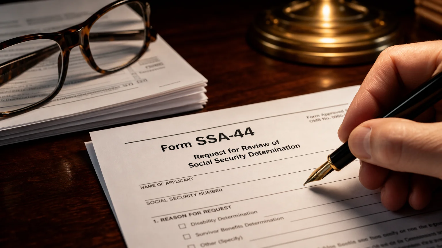 A close-up photograph of a hand with a pen over a Form SSA-44, the official Medicare appeal document.