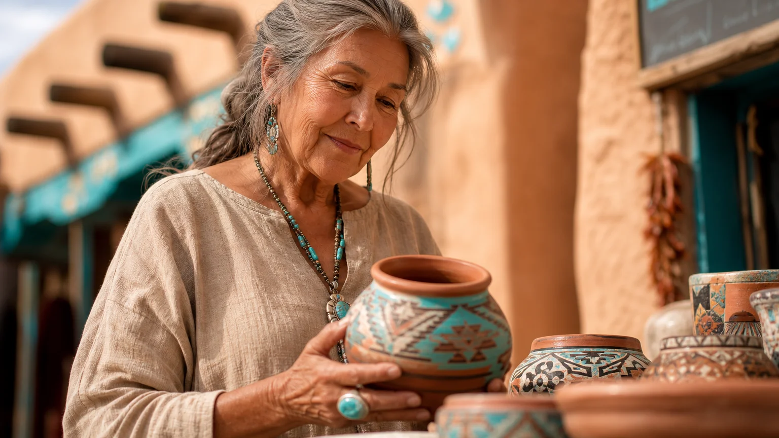 A close-up photograph of an older woman examining handmade clay pottery at an outdoor market against an adobe wall.