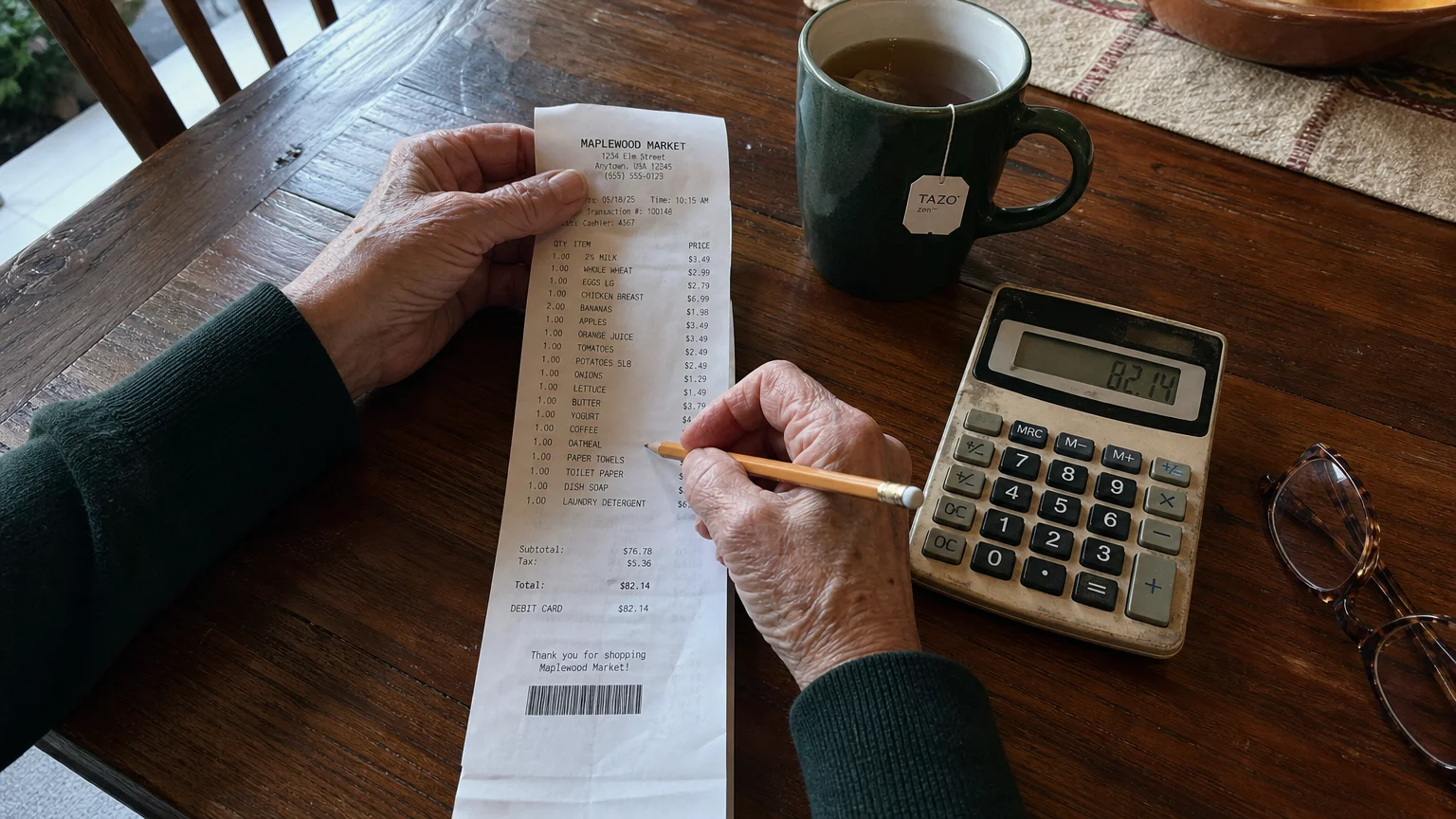 A close-up photograph of hands using a pencil to track expenses on a grocery receipt next to a calculator and a mug of tea.