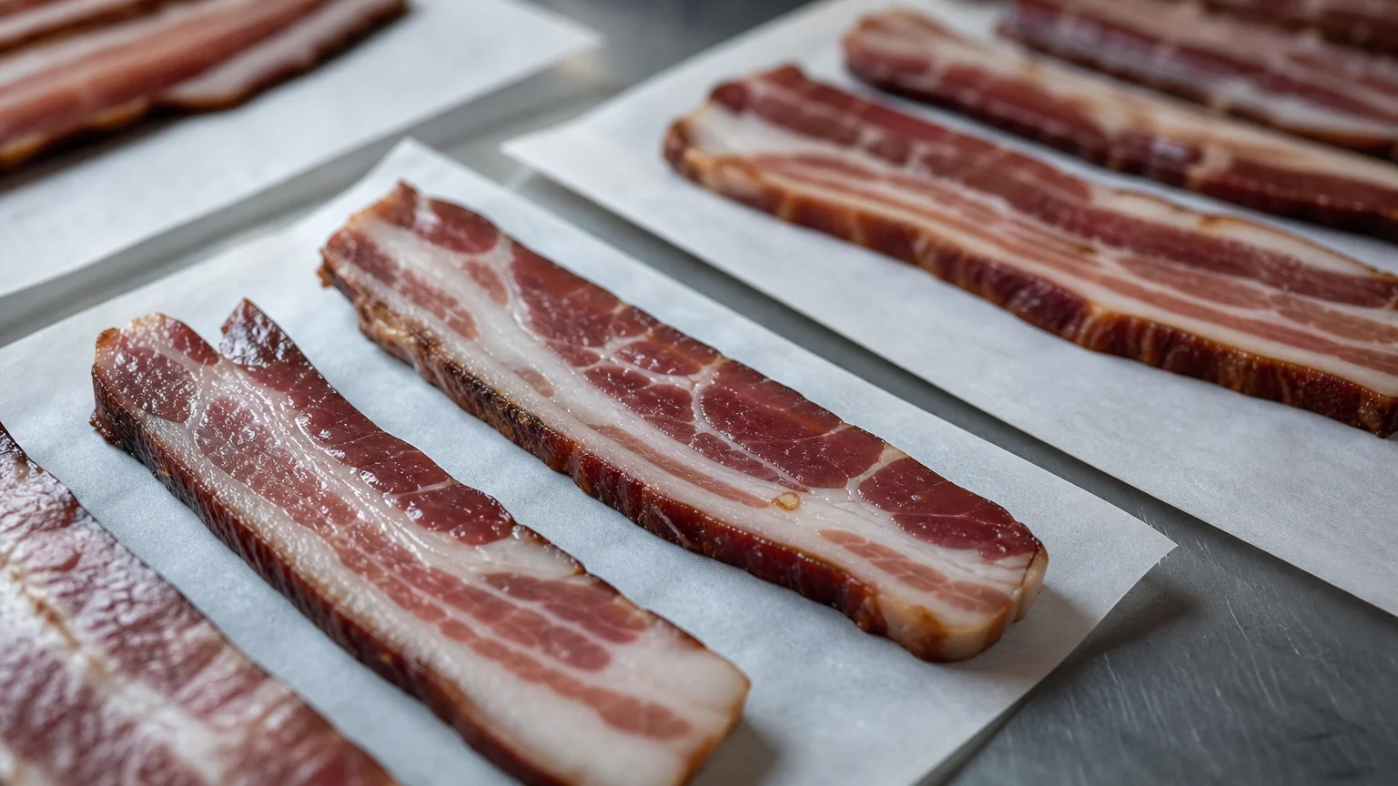 A close-up photograph of thick-cut bacon strips being arranged on parchment paper for individual freezing.