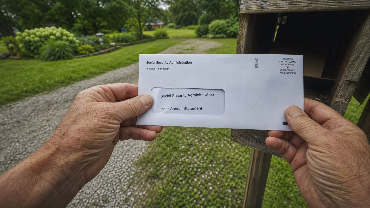 A close-up shot of a senior's hands holding an envelope from the Social Security Administration fresh from the mailbox.