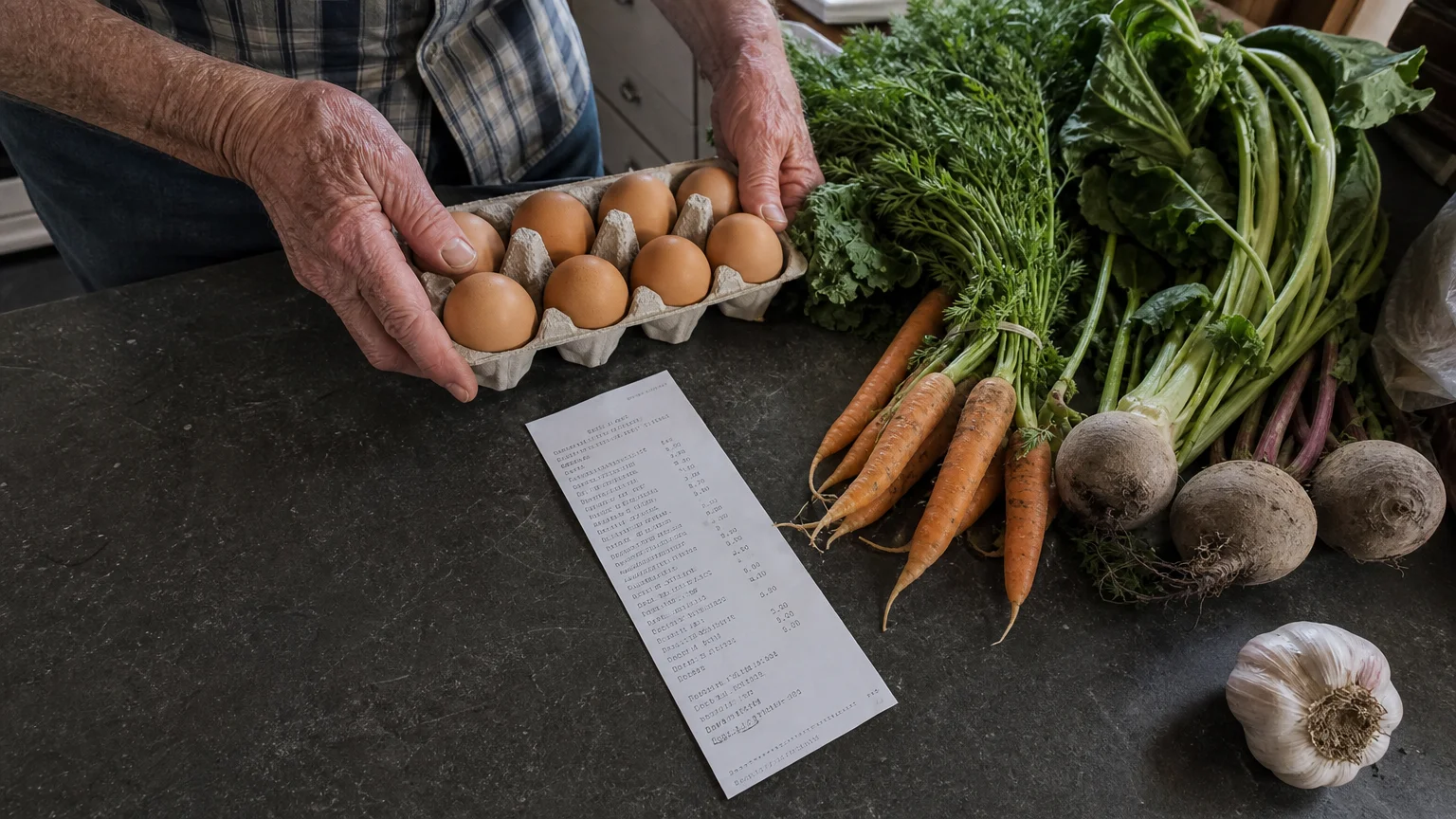 A close-up shot of a senior's hands placing fresh groceries on a counter next to a store receipt.