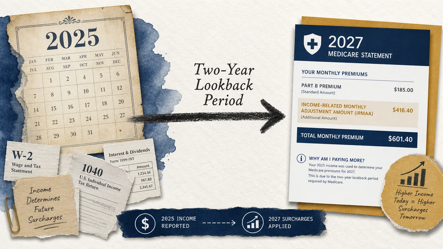 A collage showing a timeline from a 2025 calendar to a 2027 Medicare statement, labeled Two-Year Lookback Period.