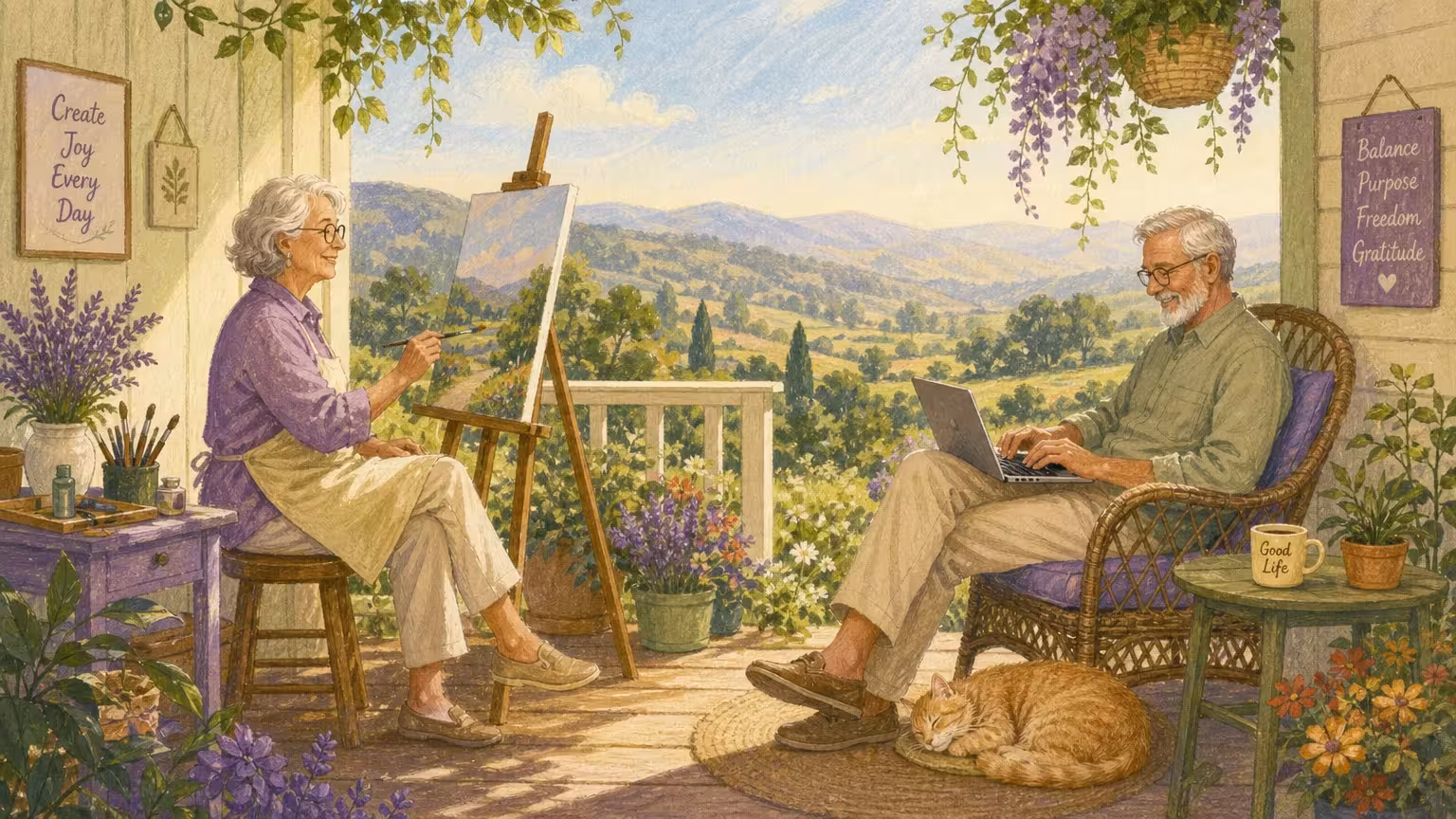 A colorful gouache illustration of a senior couple enjoying a balanced retirement of creative painting and part-time laptop work on a sunny