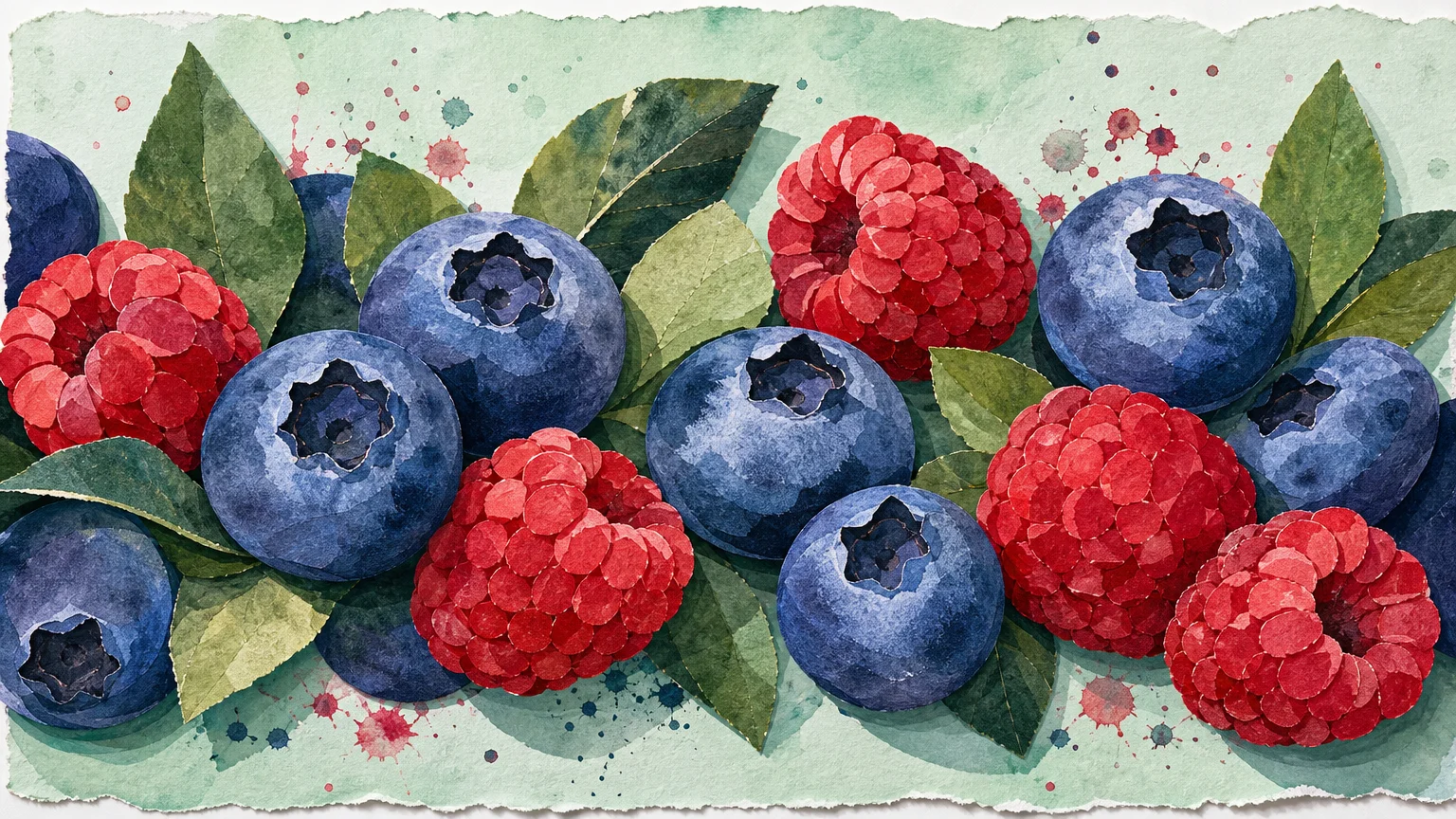 A colorful paper-cut and watercolor collage of blueberries and raspberries, emphasizing fresh, healthy antioxidants.