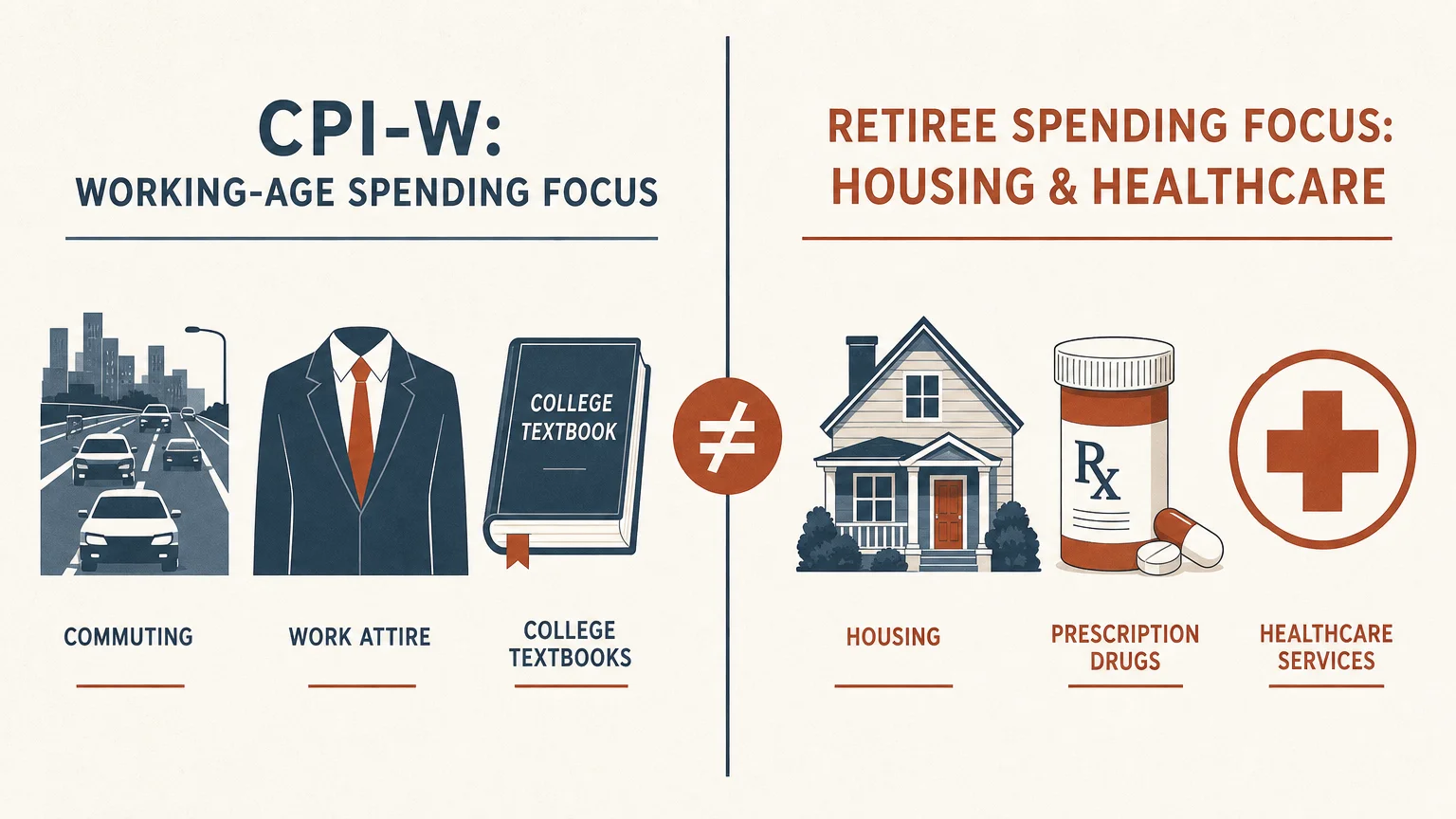 A comparative diagram showing CPI-W categories like commuting and education on the left, and retiree categories like housing and healthcare