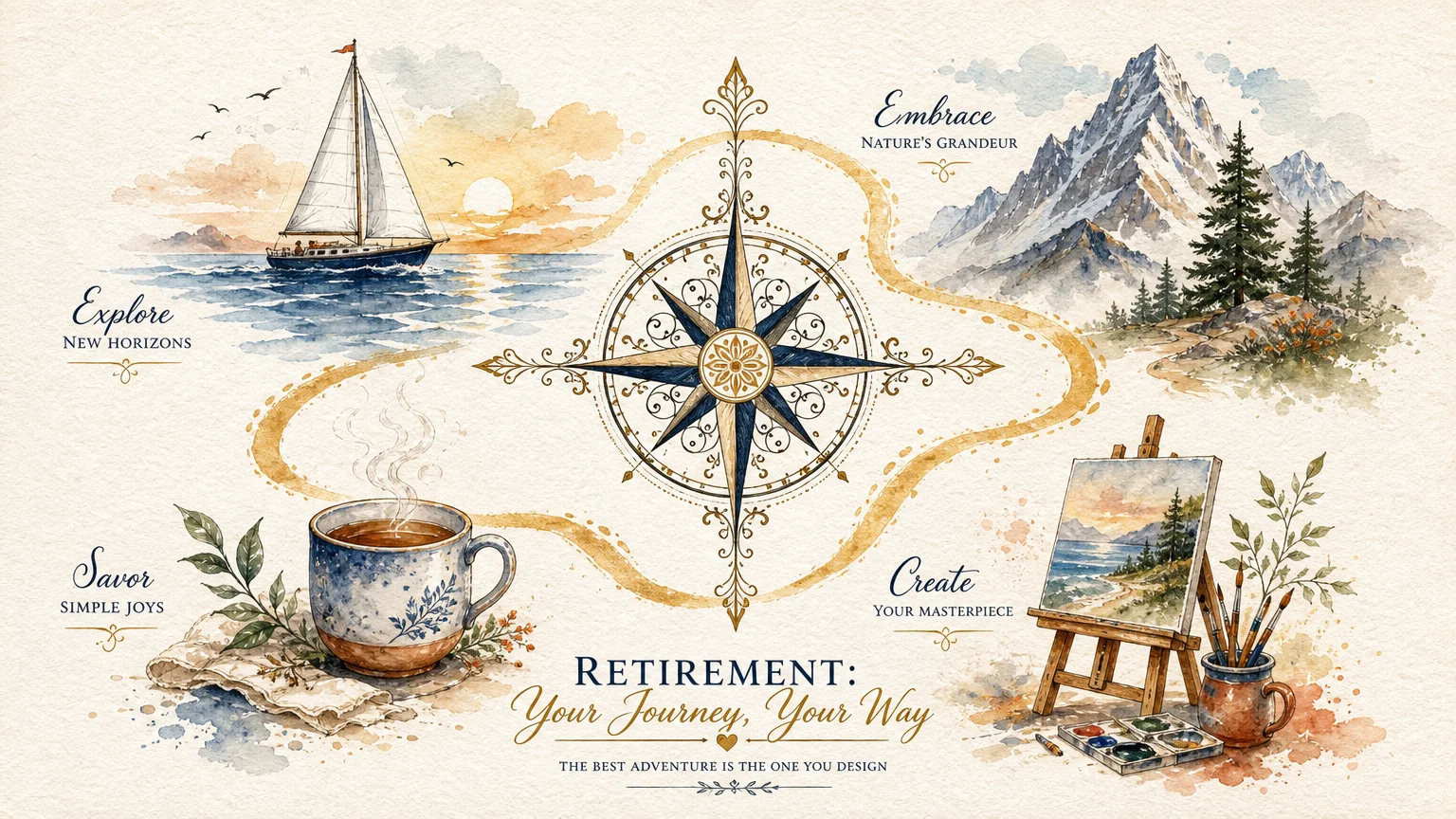 A conceptual watercolor illustration of a compass pointing to travel and wellness icons.