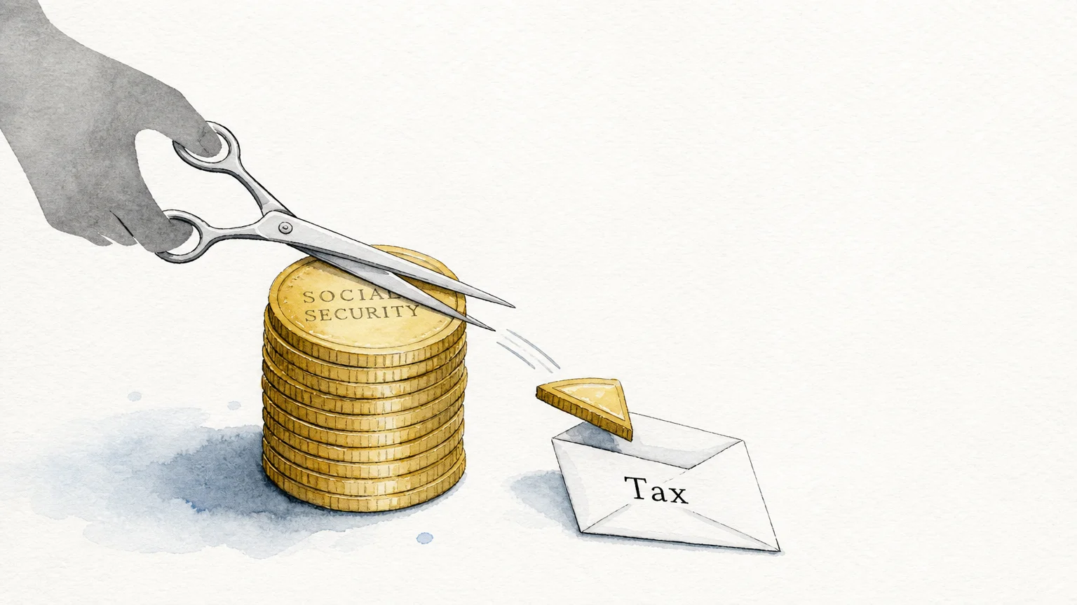A conceptual watercolor illustration of scissors cutting a small portion of a coin stack to represent taxes on remaining benefits.