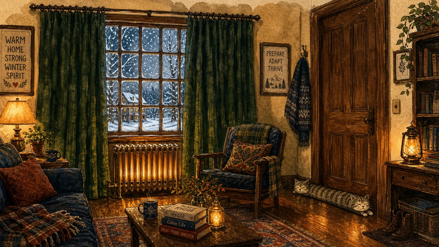 A cozy gouache illustration of a warm living room with heavy green thermal curtains and a radiator.
