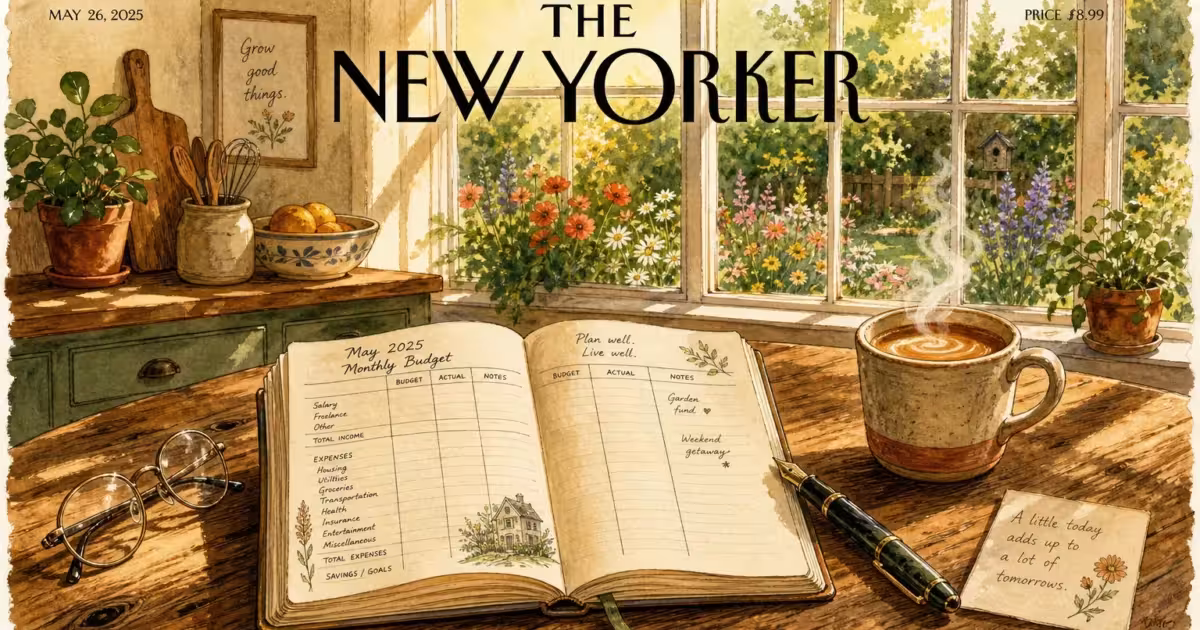 A cozy gouache illustration of an open budget ledger and a coffee mug on a wooden kitchen table by a sunny window.