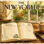A cozy gouache illustration of an open budget ledger and a coffee mug on a wooden kitchen table by a sunny window.