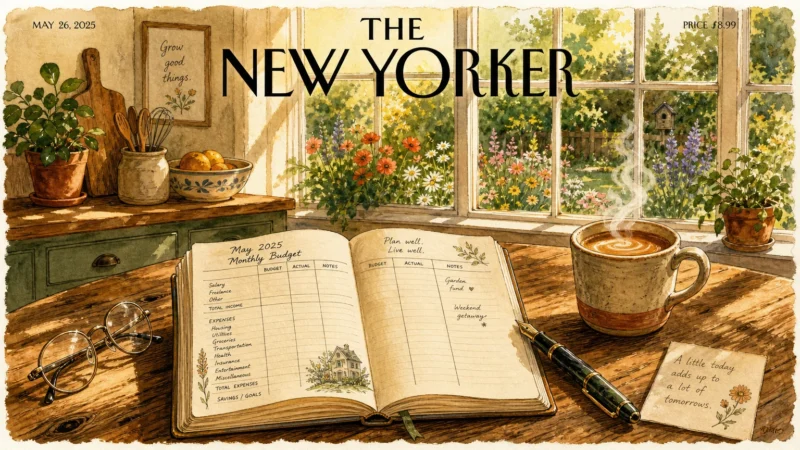 A cozy gouache illustration of an open budget ledger and a coffee mug on a wooden kitchen table by a sunny window.