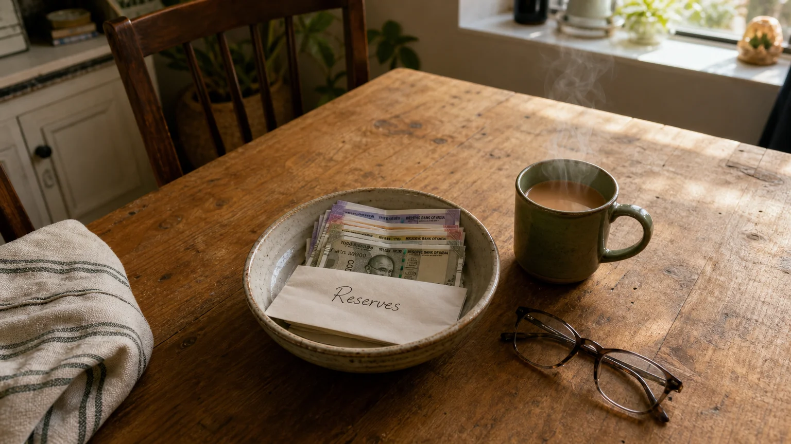 A domestic scene showing a bowl of emergency cash and a handwritten note on a wooden kitchen table.