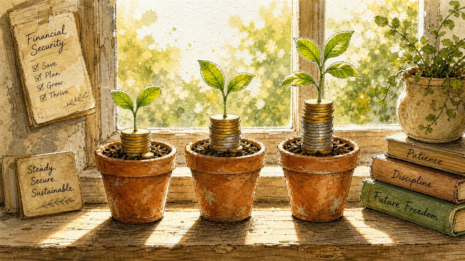 A gouache illustration of green seedlings sprouting from stacks of coins in terracotta pots on a sunny windowsill.