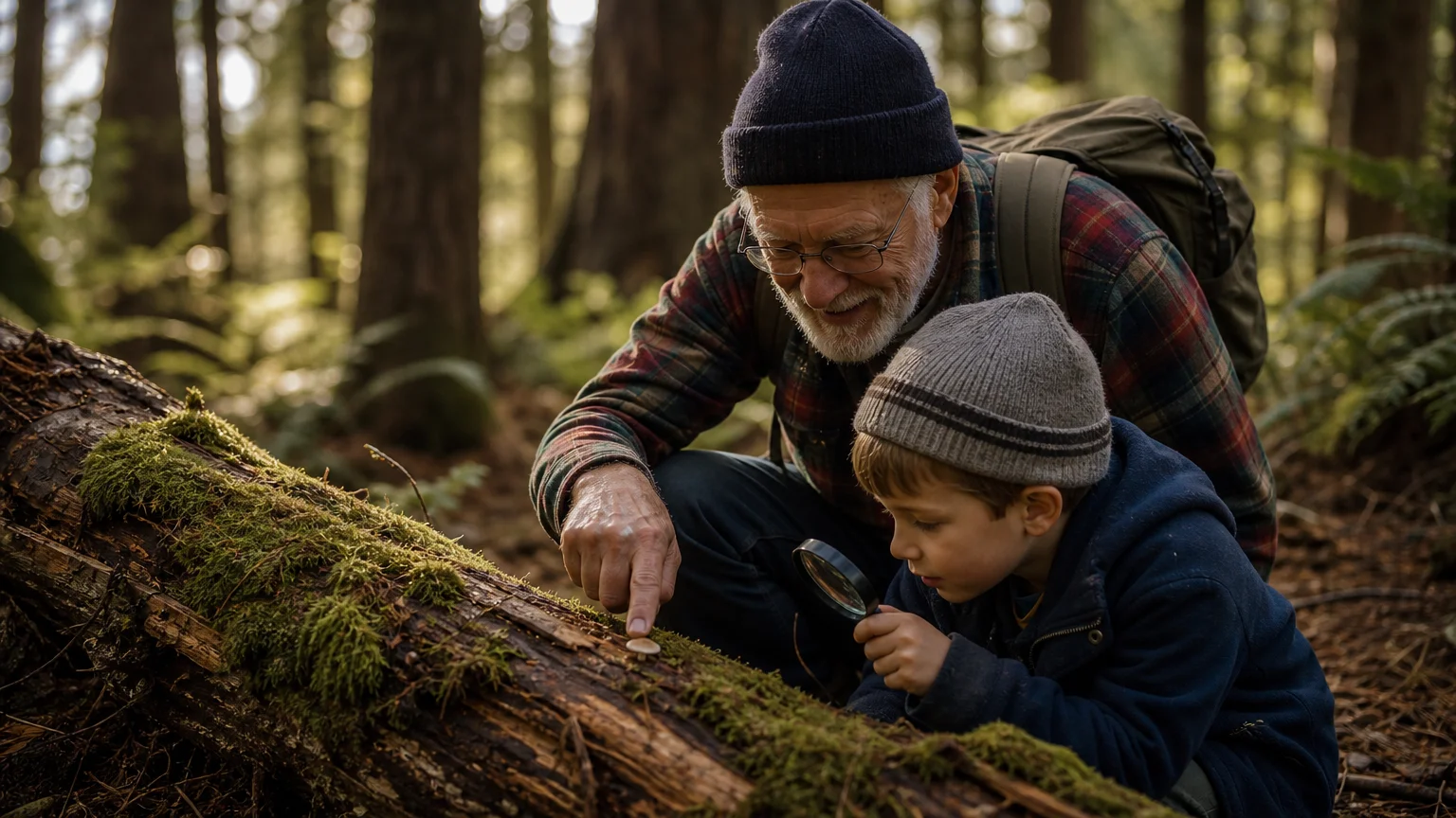 A grandfather and his young grandson crouch by a mossy forest log, examining a small mushroom with a magnifying glass.