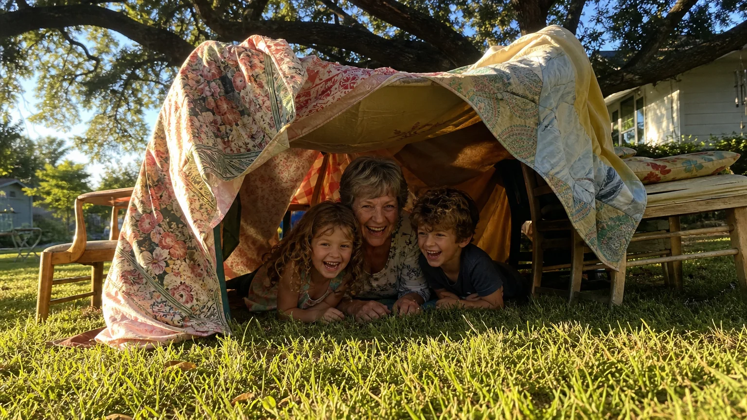 A grandmother and grandchildren laugh inside a cozy backyard blanket fort made of colorful quilts.