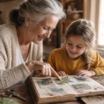 A grandmother and young granddaughter smile as they look at a handmade scrapbook together at a sunlit wooden table.