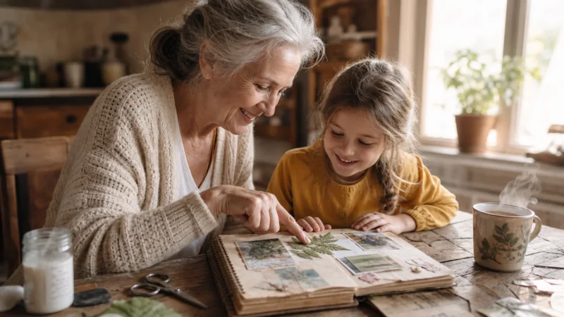A grandmother and young granddaughter smile as they look at a handmade scrapbook together at a sunlit wooden table.