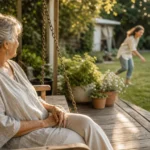 A grandmother sits peacefully on a porch swing watching her daughter and grandchild play in the yard during golden hour.