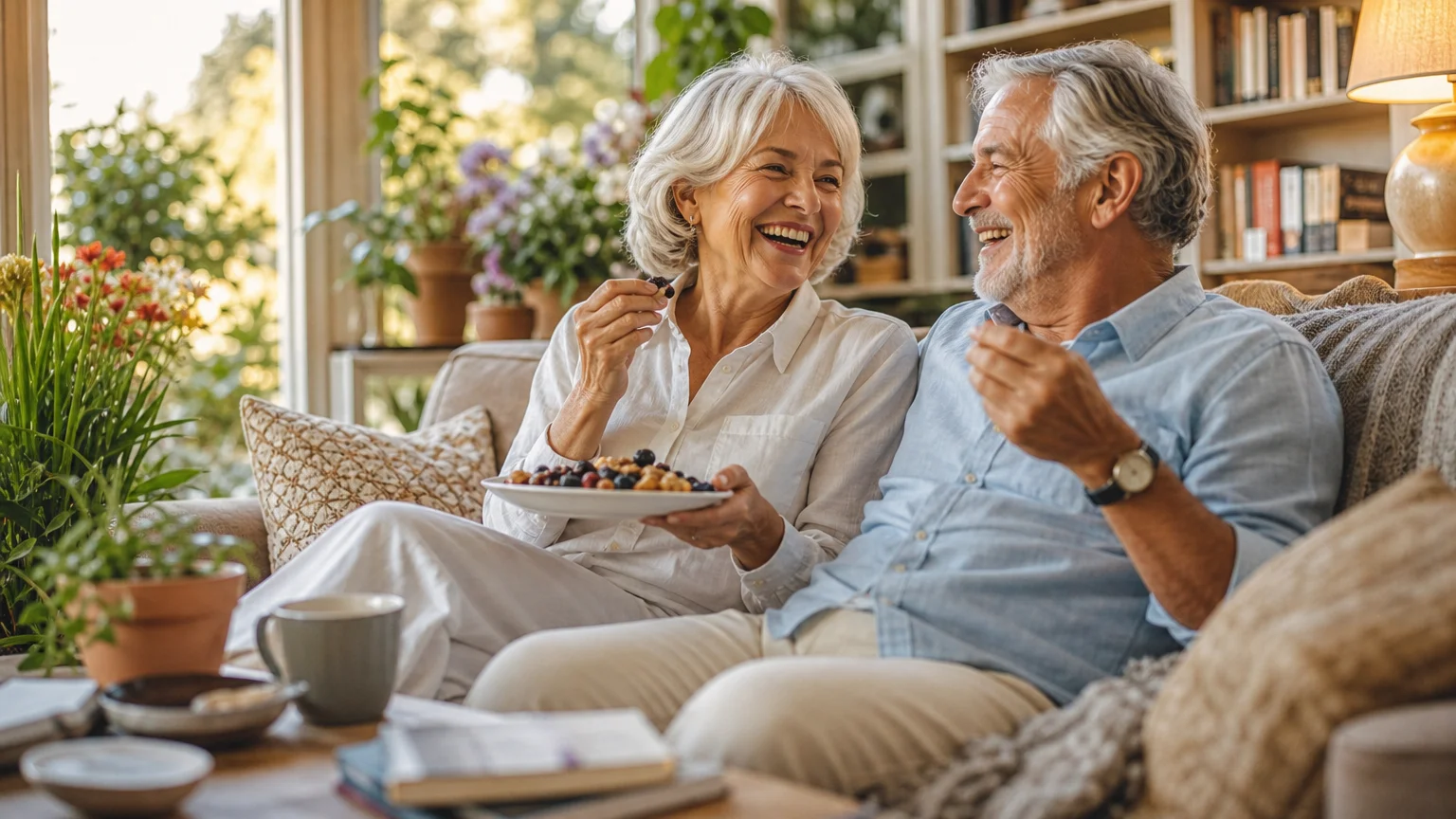 A happy senior couple enjoying a snack in their sunlit home, embodying a comfortable and well-prepared retirement.