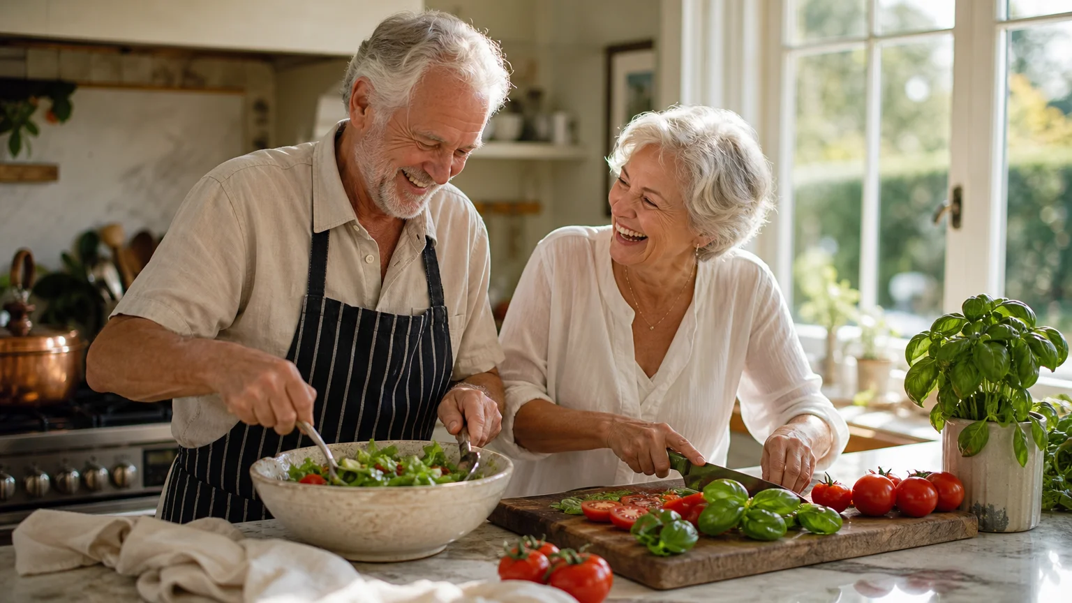 A happy senior couple laughing together while preparing fresh food in a sun-drenched home kitchen.
