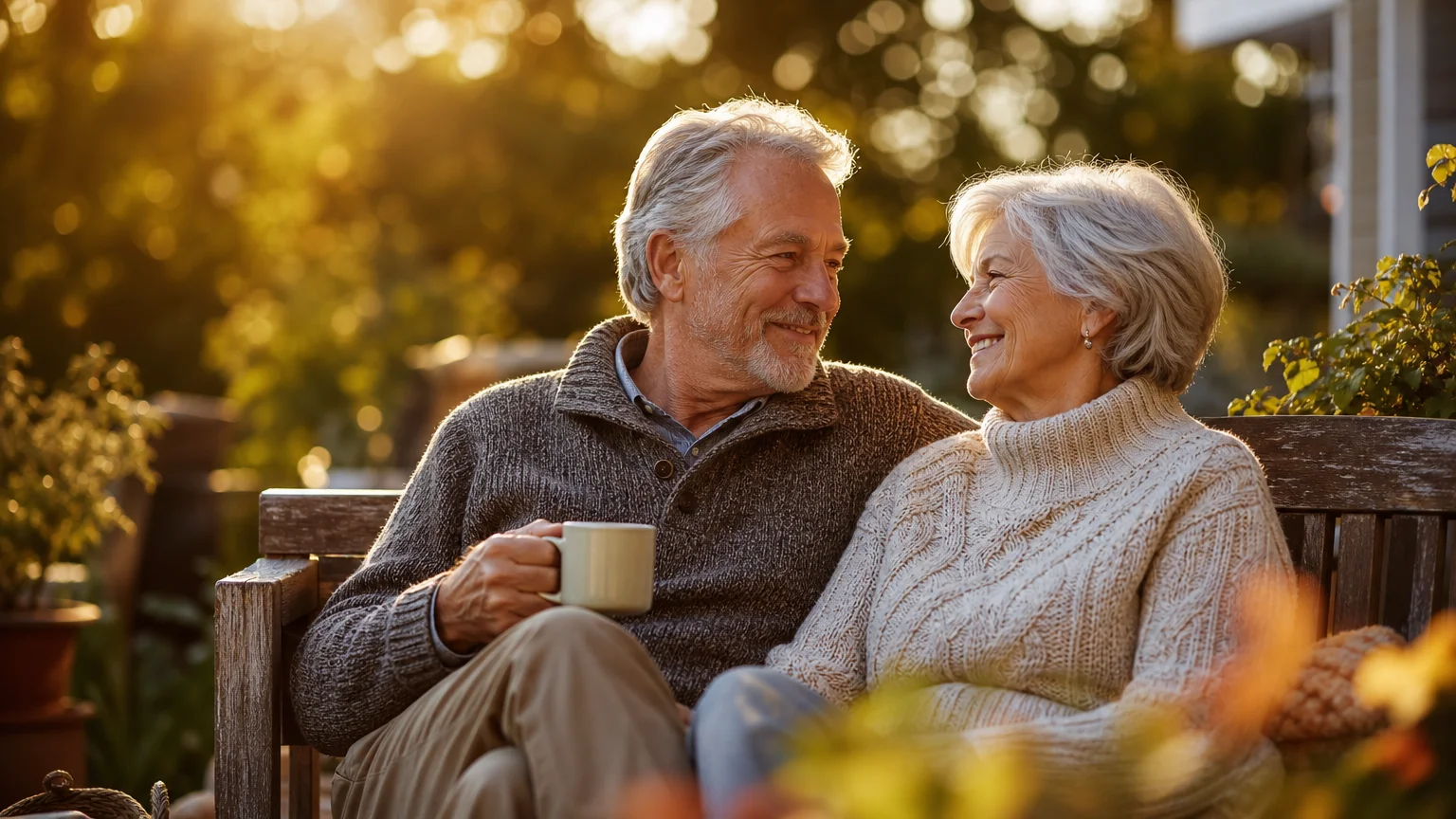 A happy senior couple sitting on a wooden bench in a sun-dappled garden during golden hour.