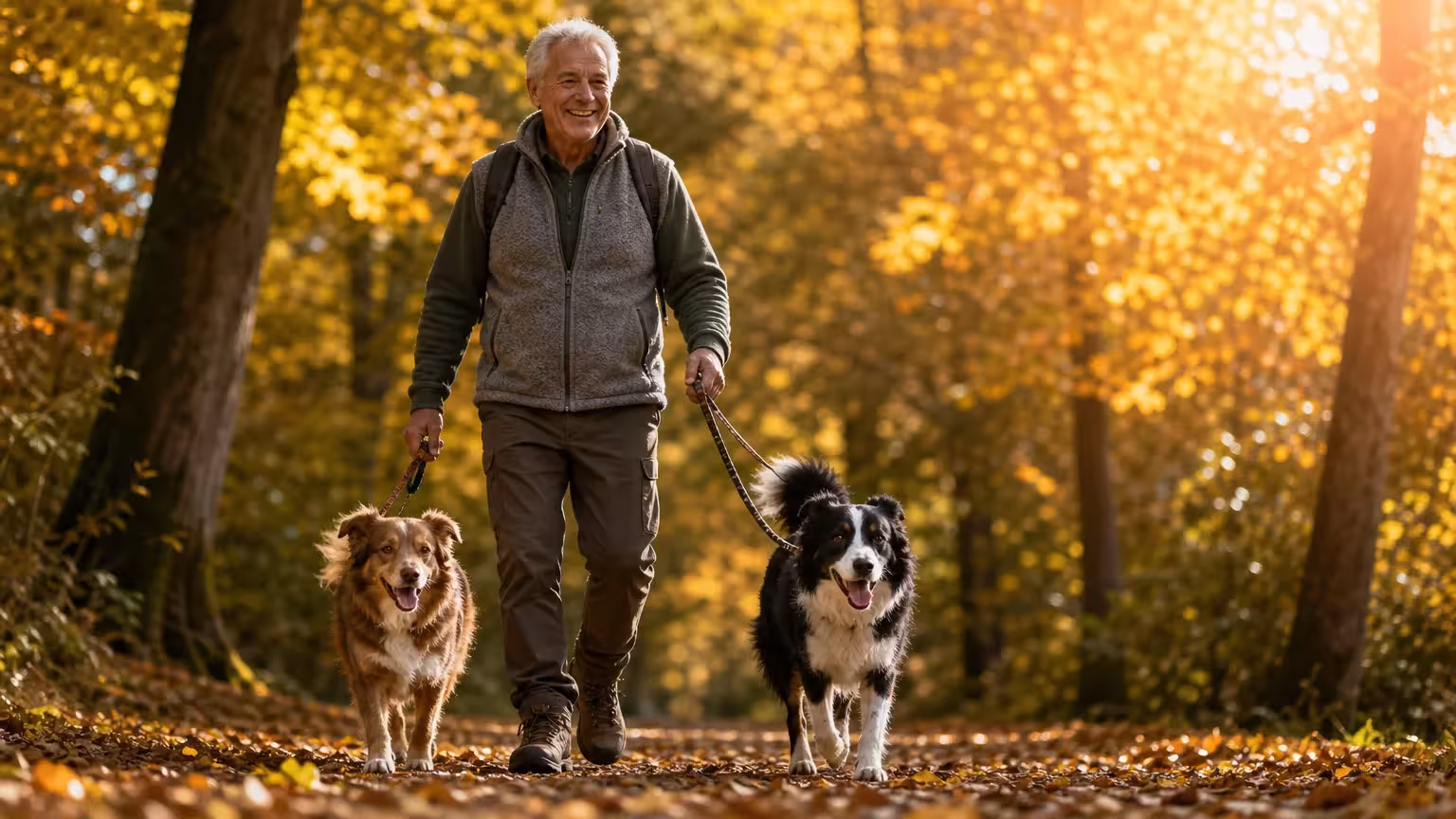 A happy senior man walking two dogs on a scenic, sunlit autumn path in a park.