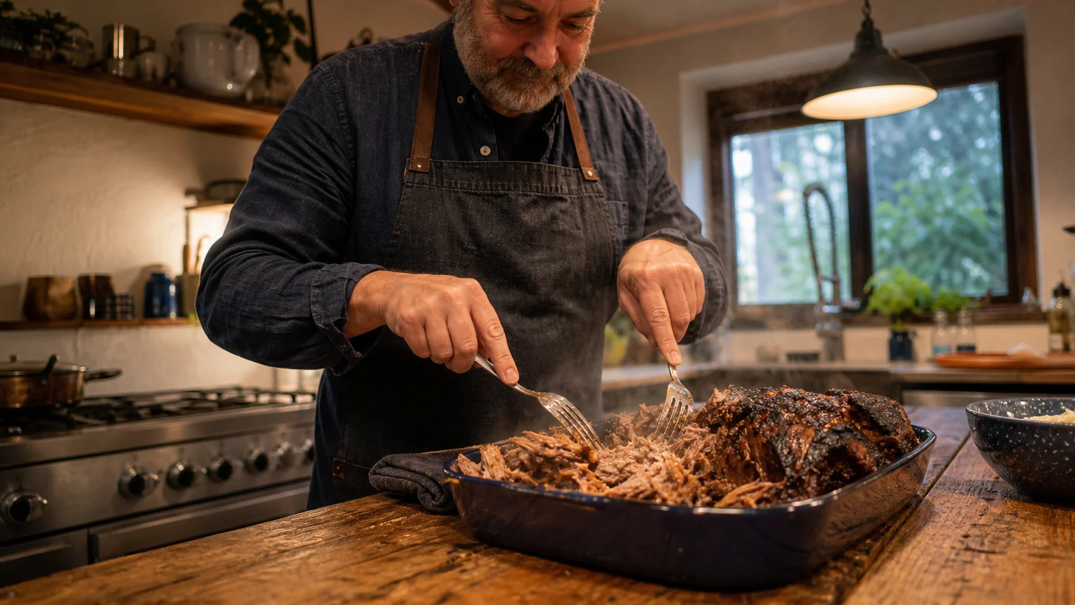 A man in a linen apron shredding a large, tender slow-cooked pork shoulder with forks in a blue baking dish.