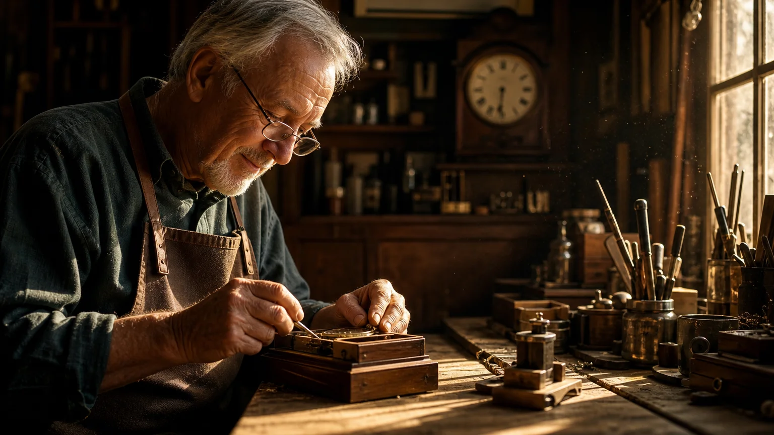 A man in his 60s working happily in his home workshop, representing the fulfillment of a phased retirement.